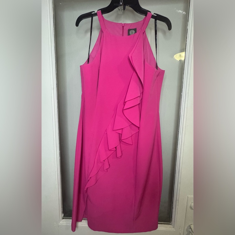 Vince Camuto Pink Asymmetrical Ruffled Halter Dress